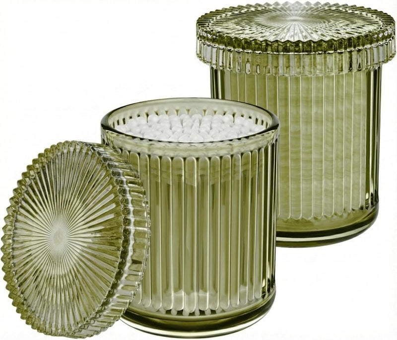 2 Pack Qtip Holder - Apothecary Jars with Lids, Bathroom Organizers and Storage Canister for Cotton Balls,Swabs,Floss Picks,Hair Ties,Clear Glass Vintage Bathroom Decor Jar Set (green2)